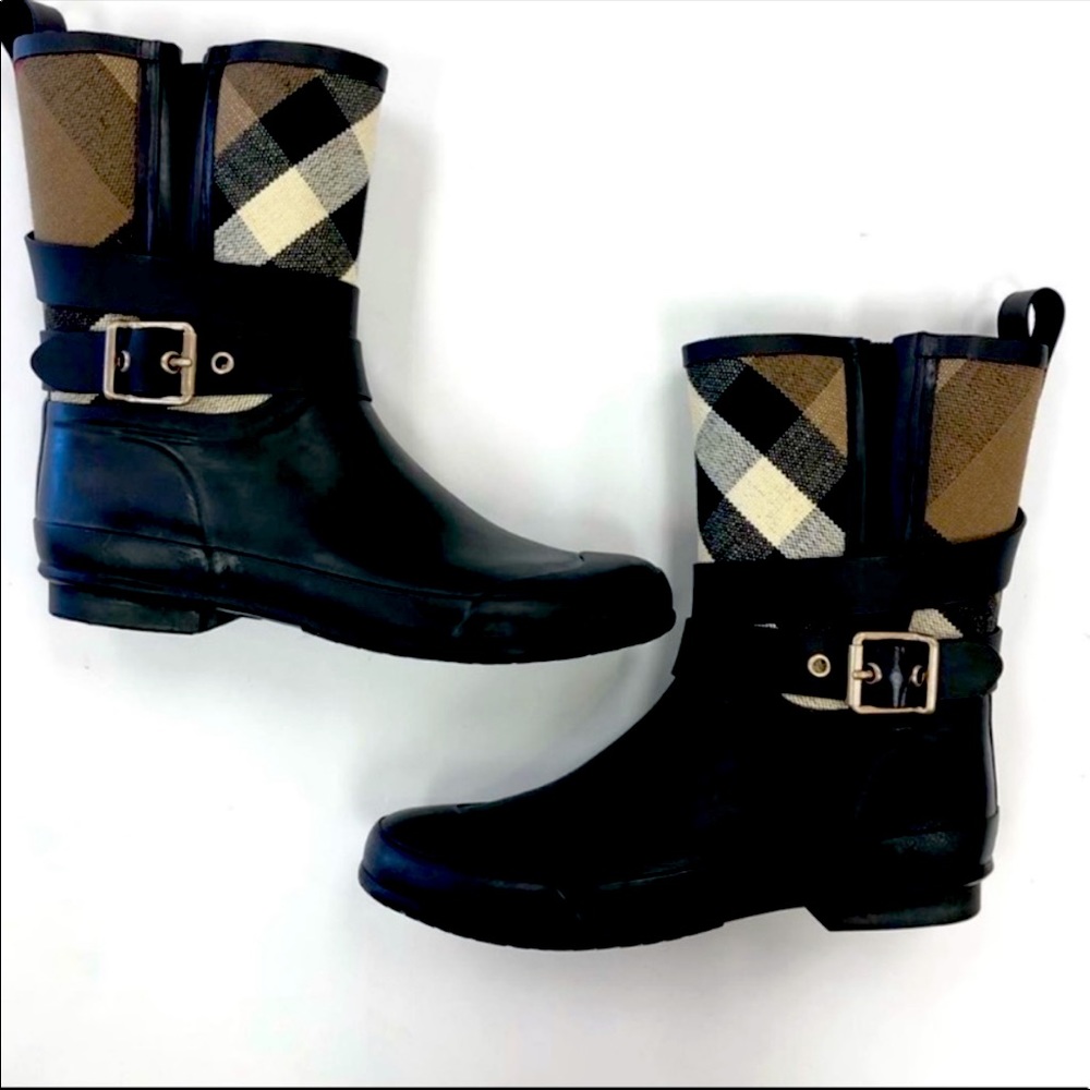 Strap Detail House Check and Rubber Rain Boots.